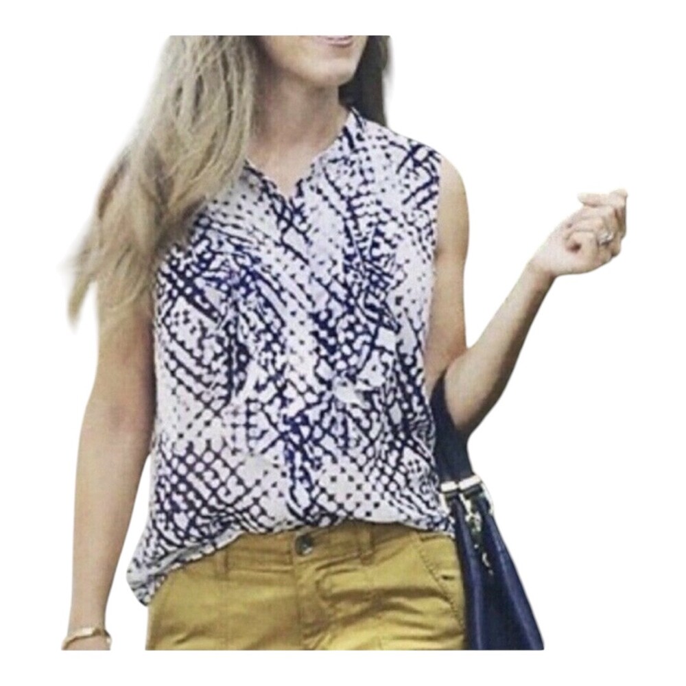 Cabi 5531‎ Venture Blue White Ruffle Blouse Sleeveless Button Down Large